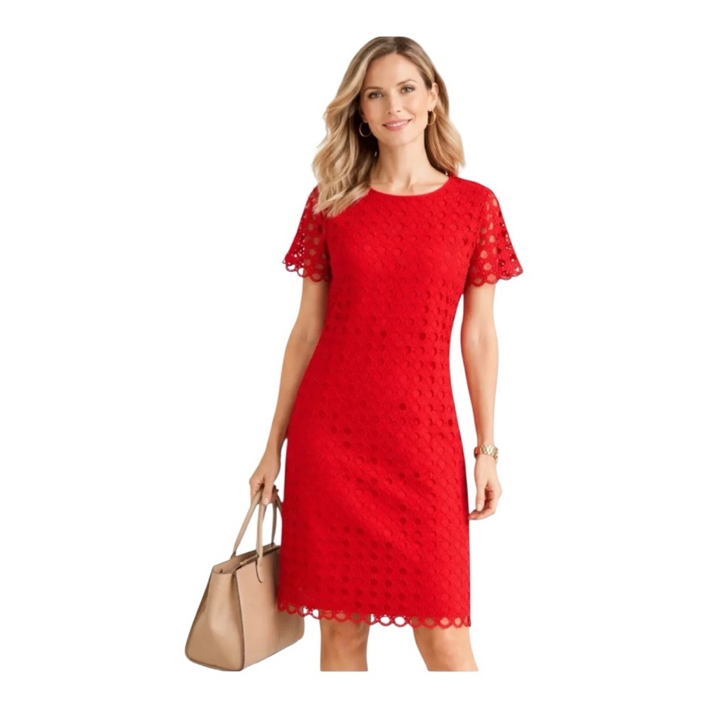Talbots Red Eyelet Lace Shift Short Sleeve Midi Dress- Red Size 4